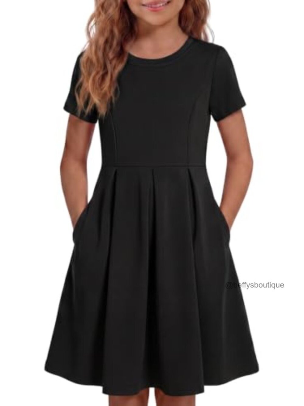 Girls Casual Short Sleeve Dress with Pockets A-Line Skater School